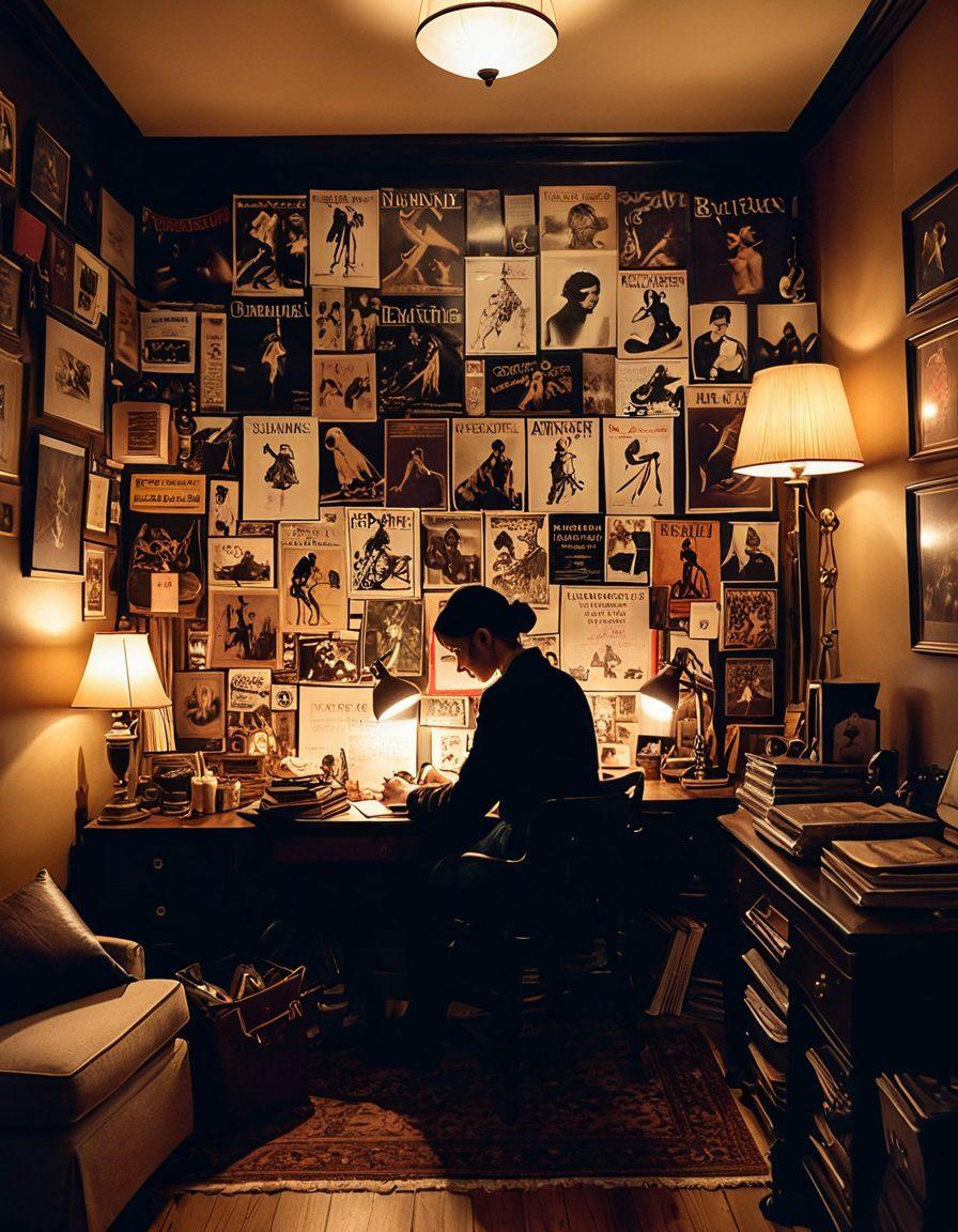 An intimate glimpse into the adult industry showcasing a cozy room filled with playful props and vintage adult magazines, soft ambient lighting highlighting the eclectic decor. A silhouette of a person carefully writing a review at a desk, surrounded by various themed items representing diverse fetishes. The atmosphere radiates a sense of curiosity and exploration. super-realistic. warm tones. soft focus.