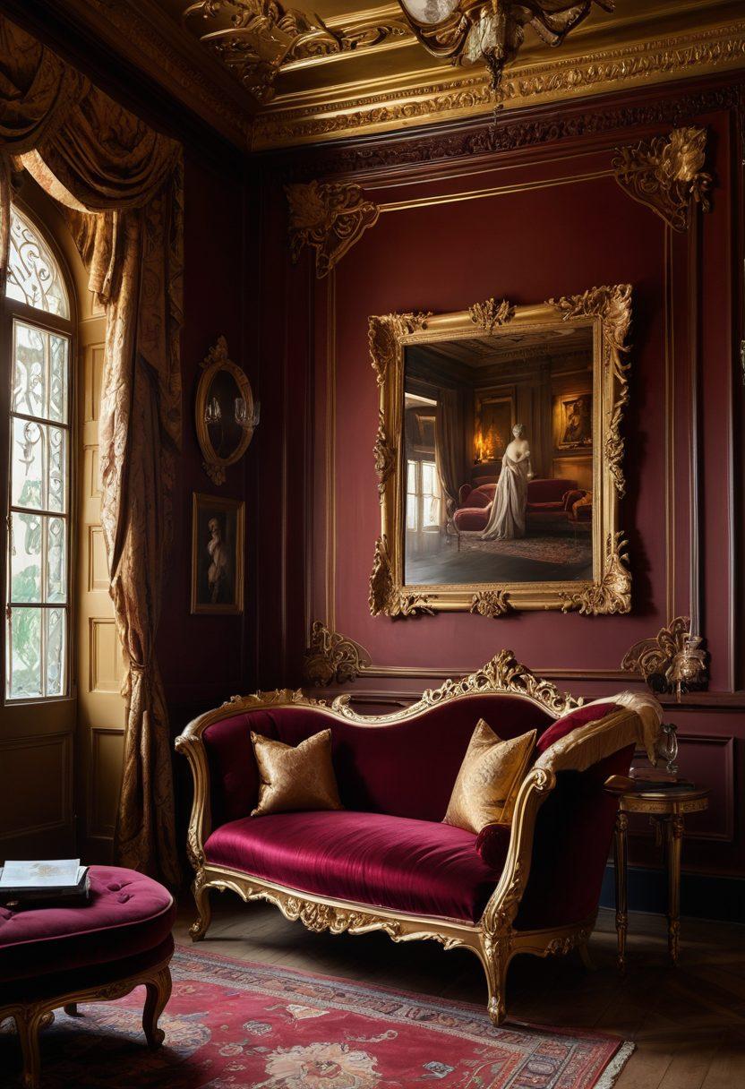 A mysterious and enticing room filled with soft, dim lighting, showcasing elegant erotic art pieces adorning the walls. In the foreground, a beautifully crafted vintage chaise lounge draped in rich fabrics, with accessories like a feathered mask and silk ties hinting at the secrets within. A subtle ambiance of luxury and allure, accompanied by shadows that add depth and intrigue. Illustrate a sense of curiosity and exploration, inviting viewers to dive into the topic. super-realistic. rich colors. intimate atmosphere.
